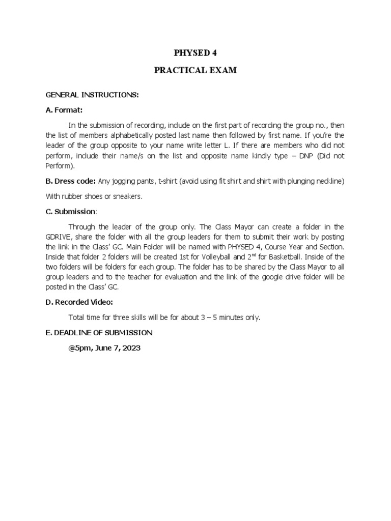 PHYSED 4 Practical Exam Instructions | PDF