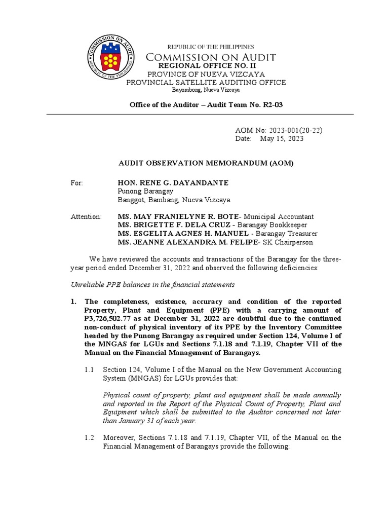 AOM No. 2022-001 (20-22) - Audit of Accounts and Transactions Brgy ...