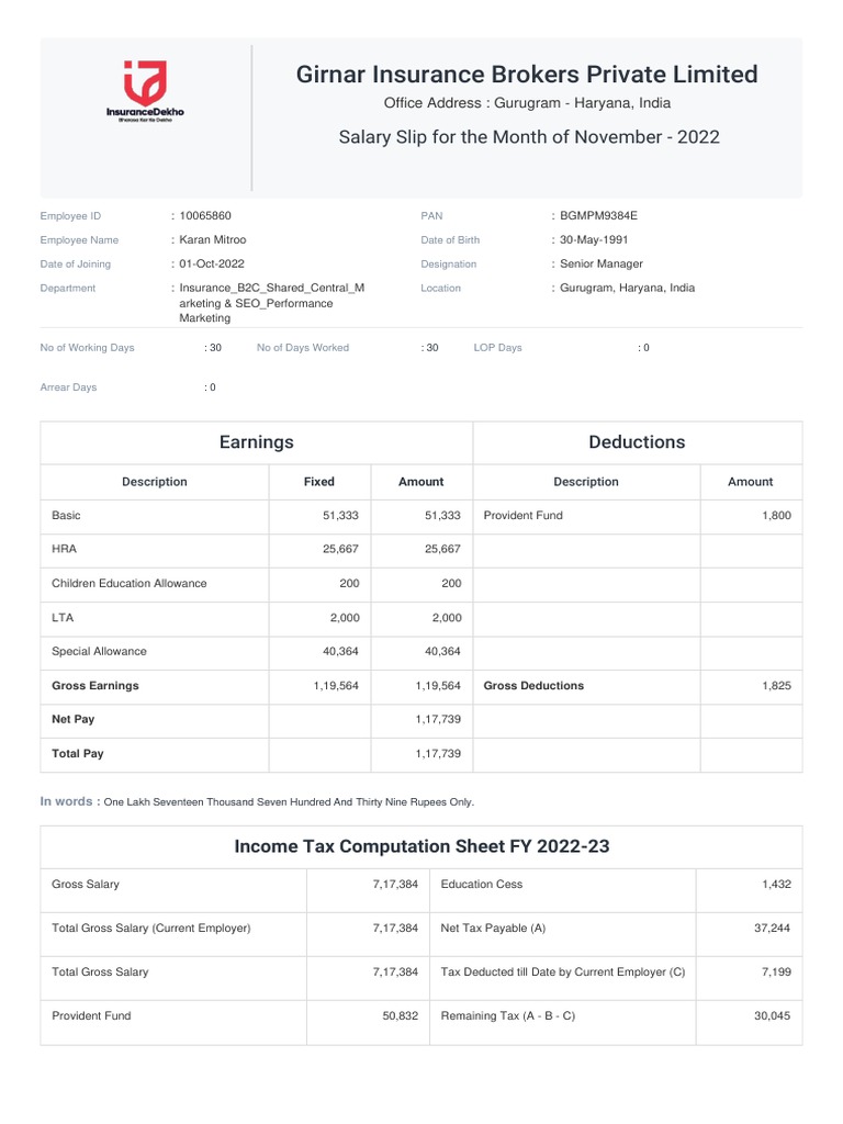Girnar Insurance Brokers Private Limited Salary Slip For The Month of