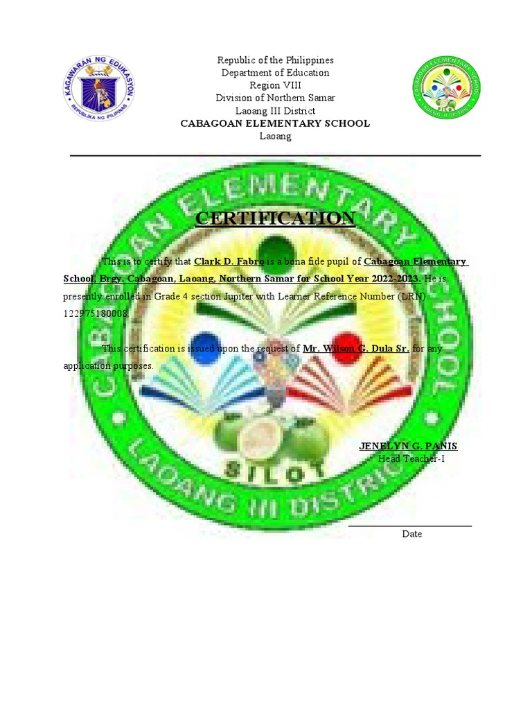 Certification For Enrolled Pupil PDF