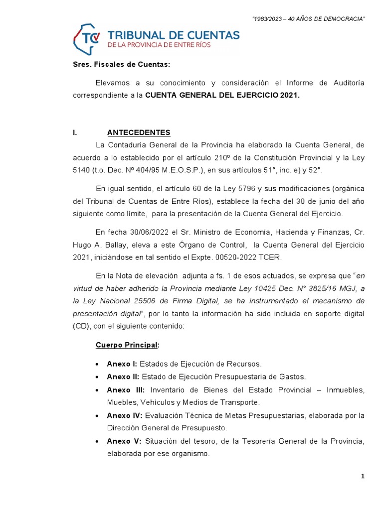 El Tribunal de Cuentas Remitió A La Legislatura El Informe de La Cuenta ...