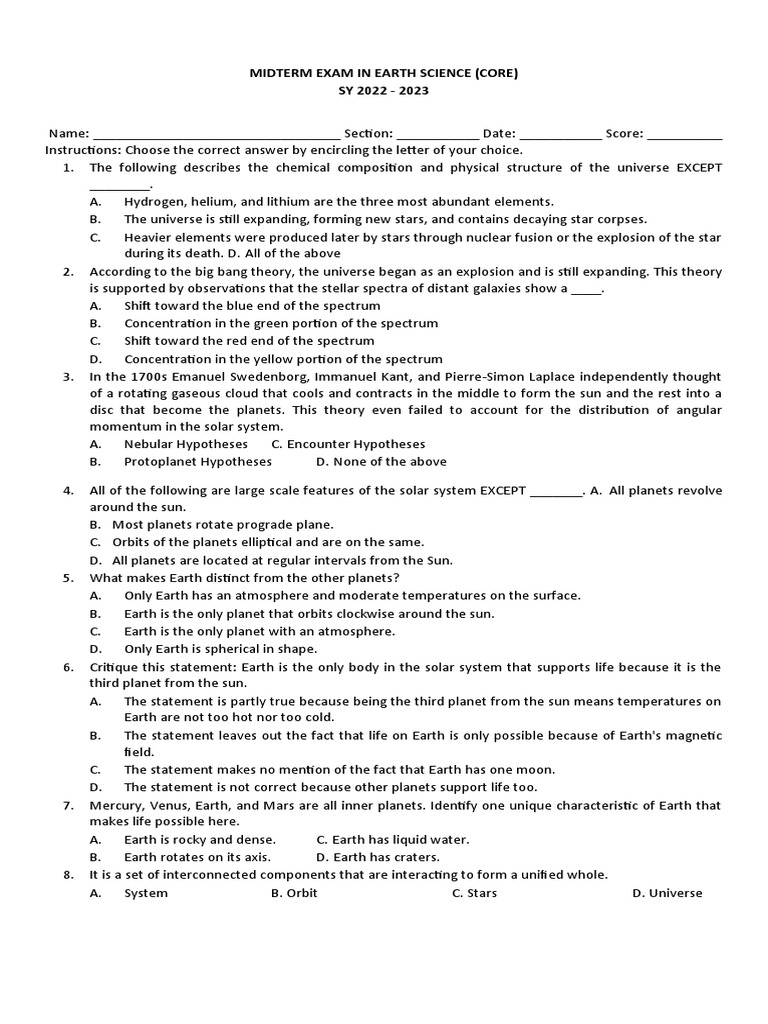 Earth Science Midterm Exam 2022-2023 | PDF | Earth | Water