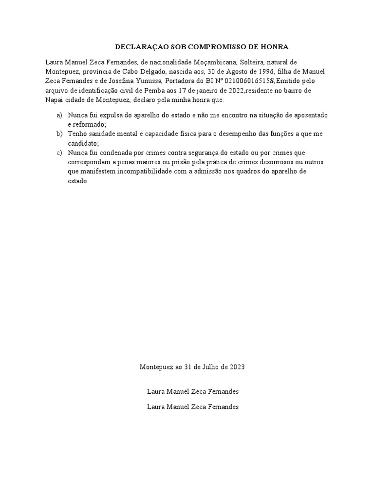 Declaração de Compromisso de Honra | PDF
