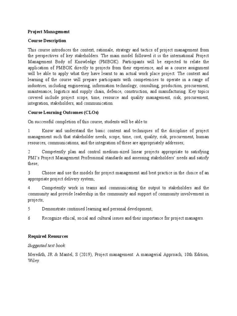 Project Management Course Outline | PDF