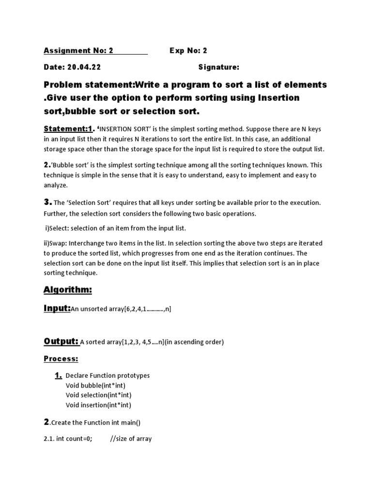Insertion Sort and Bubble Sort Menu Driven Program | PDF