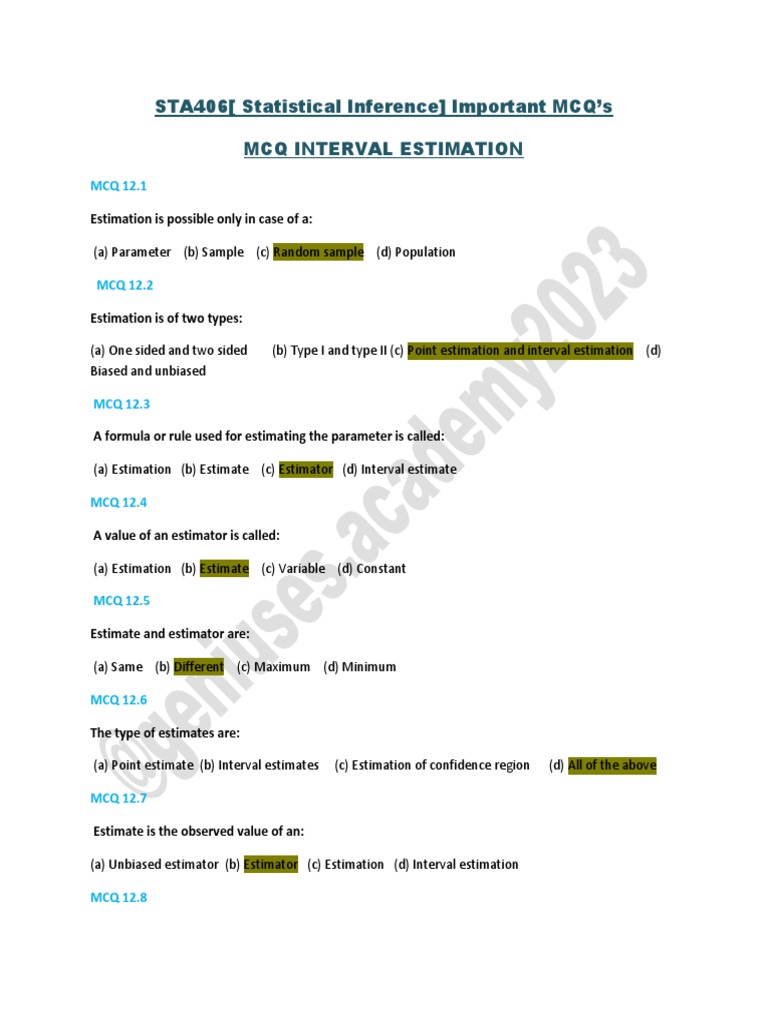 Statistical Inference MCQs on Estimation | PDF | Technology & Engineering