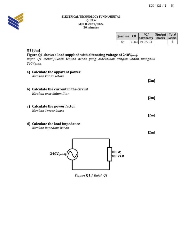 Electrical Power Calculations Quiz | PDF