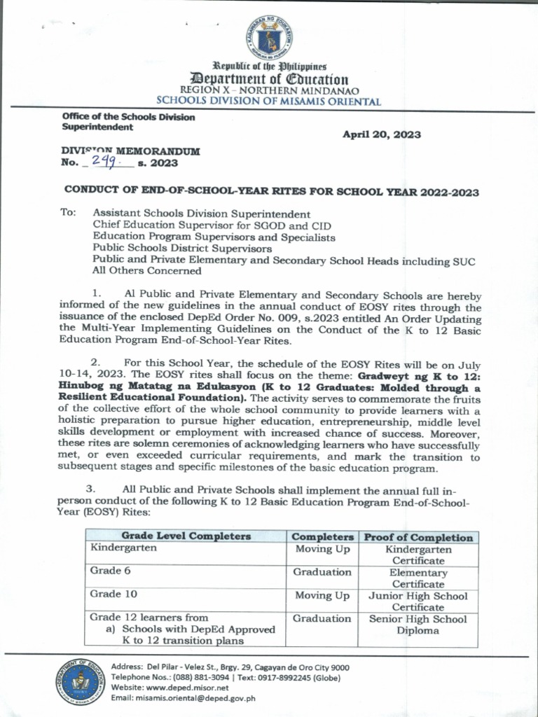 dm249s.2023 Conduct of End-Of-School-Year Rites For School Year 2022 ...