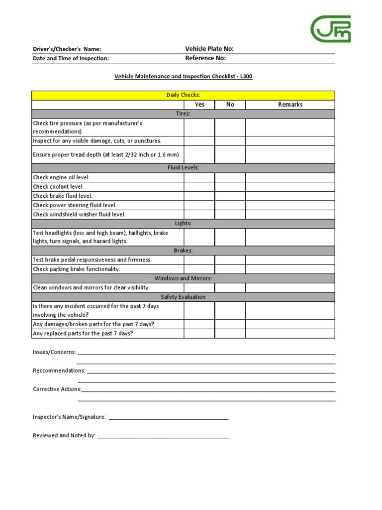 L300 Vehicle Inspection Checklist | PDF | Technology & Engineering