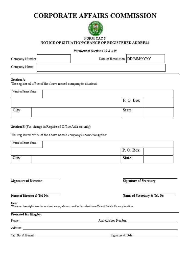 CAC Form 3: Change of Address Notice | PDF