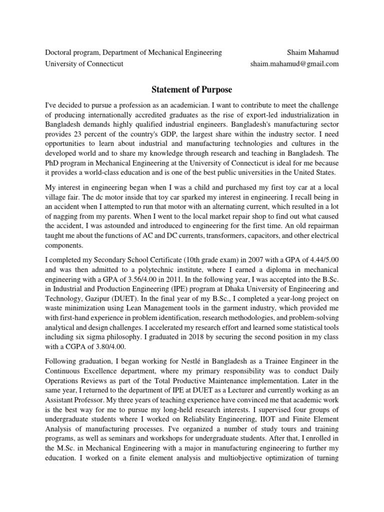 Statement of Purpose | PDF | Engineering | Mechanical Engineering