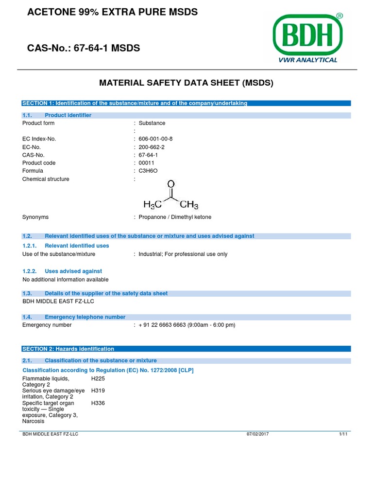 MSDS BDH Acetone PDF
