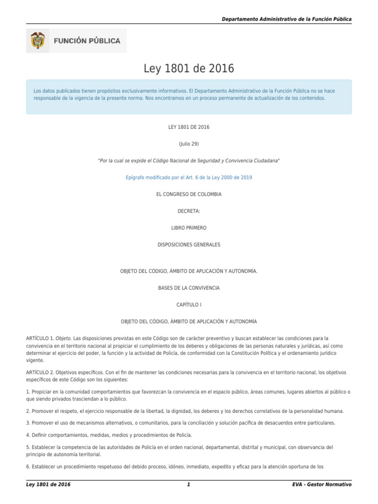 Ley 1801 de 2016 Código de Convivencia | PDF | Policía | Ley administrativa