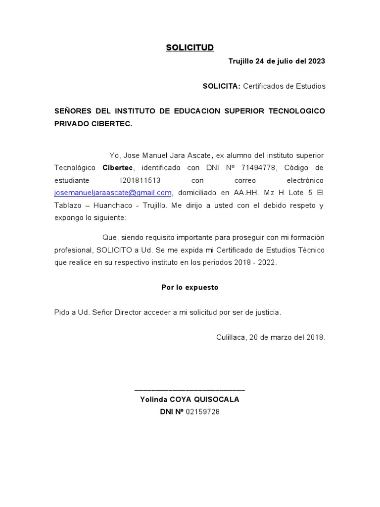 Solicitud de Certificado de Estudios | PDF