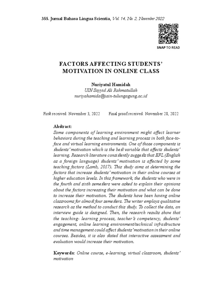 Factors Affecting Students' Motivation in Online Class | PDF