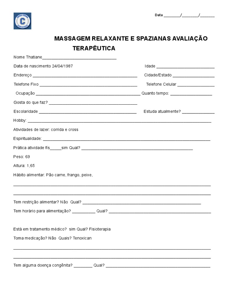 FICHA DE ANAMENESE Massagem Relaxante e Spazianas 2023 | PDF | Medicina ...