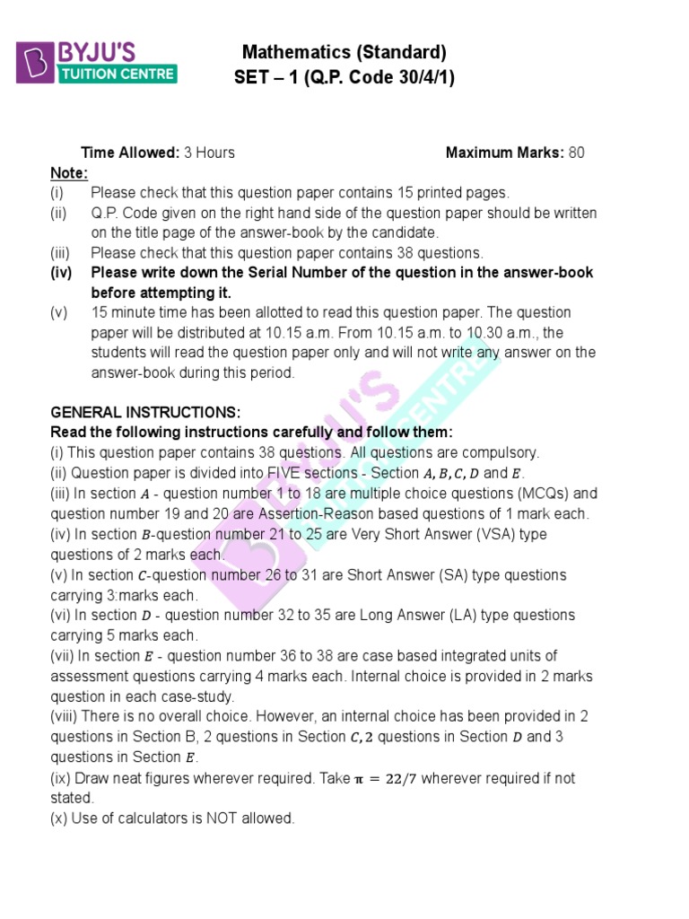CBSE Class 10 Maths Paper 2023 | PDF | Circle | Area