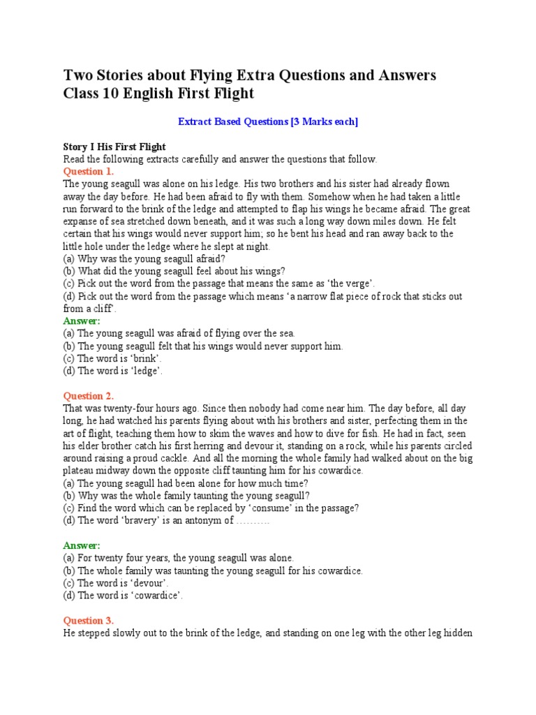 Extra Questions on Two Stories About Flying | PDF | Language Arts ...