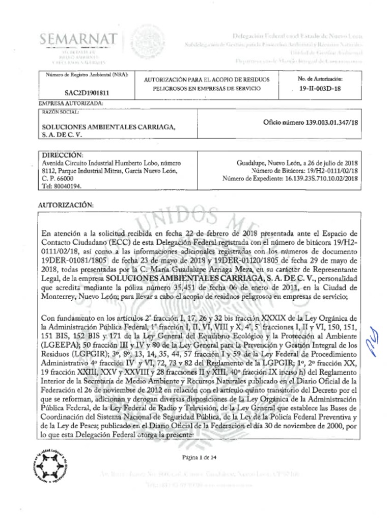 768px x 1024px - 1.-Autorizacion Acopio Sacsa 2018 Peligrosos | PDF