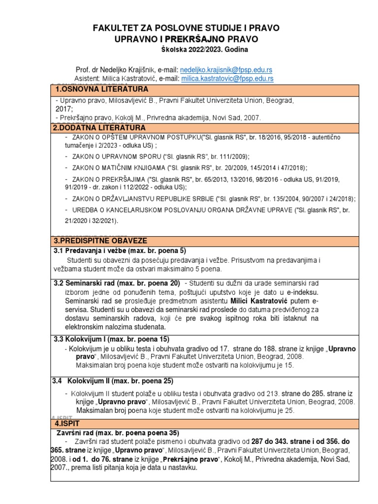 Karton Predmeta Upravno I Prekrsajno Pravo 2022. | PDF