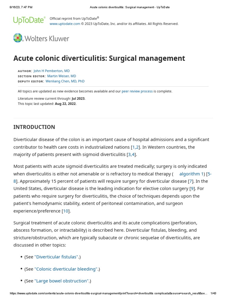 Acute colonic diverticulitis surgical management uptodate 1 pdf