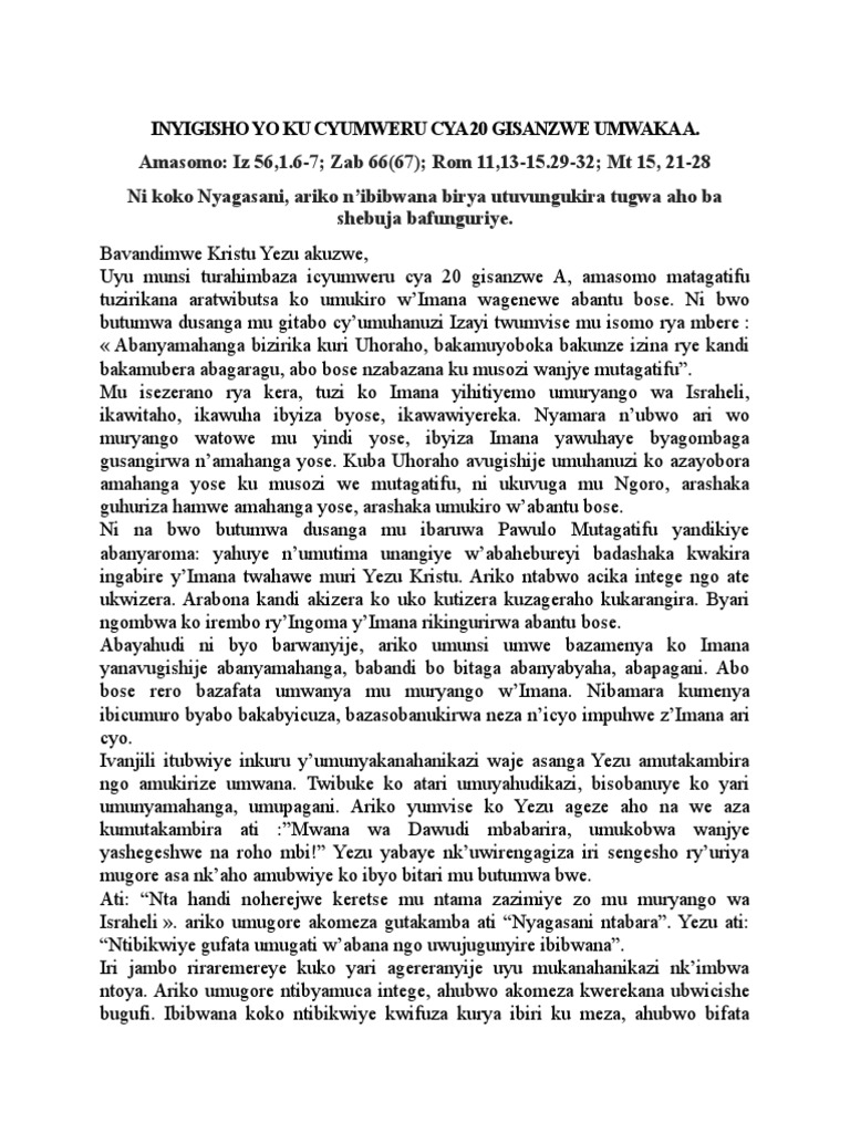 Inyigisho Yo Ku Cyumweru Cya 20 Gisanzwe Umwaka A Pdf