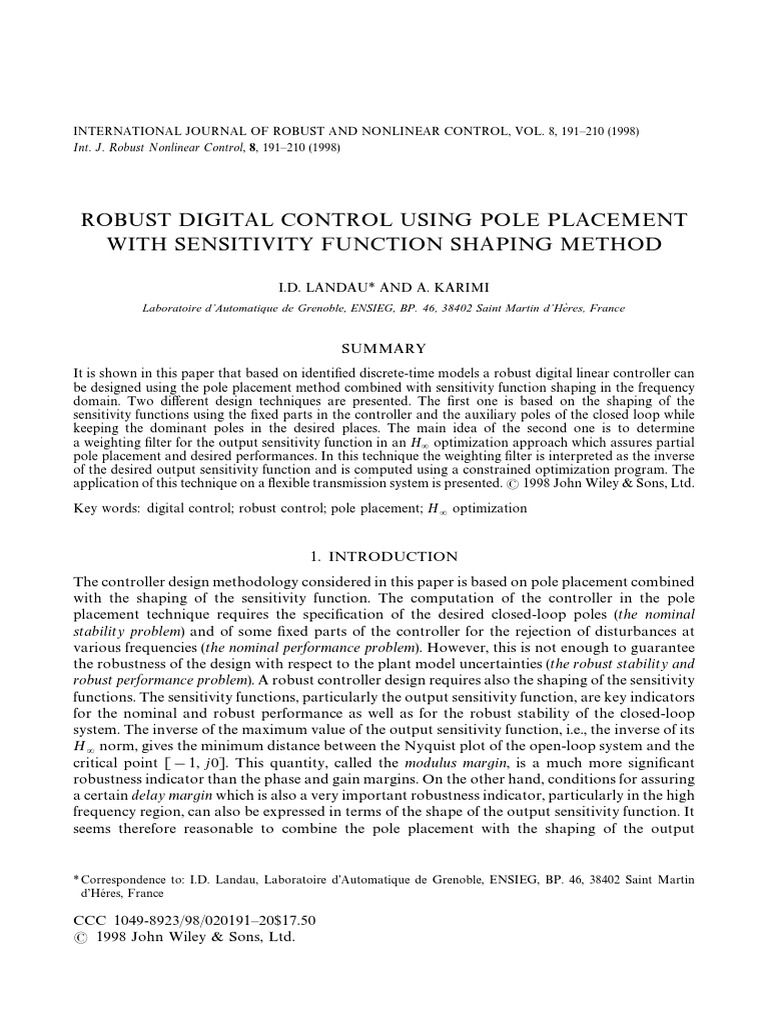 Robust digital control using pole placement with sensitivity function