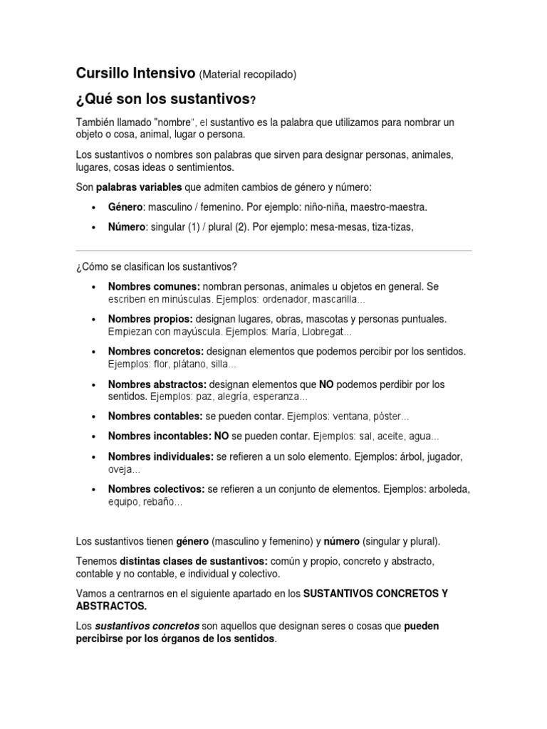 Cursillo Intensivo - SUSTANTIVOS | PDF