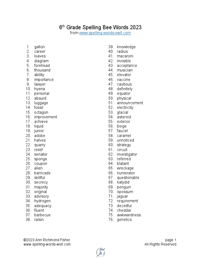 6th Grade Spelling Bee Words 23 | PDF