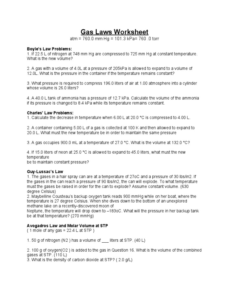 Gas Laws Worksheet PDF