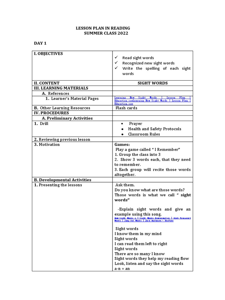 Day 1 Summer - Lesson Plan (Sight Words) | PDF