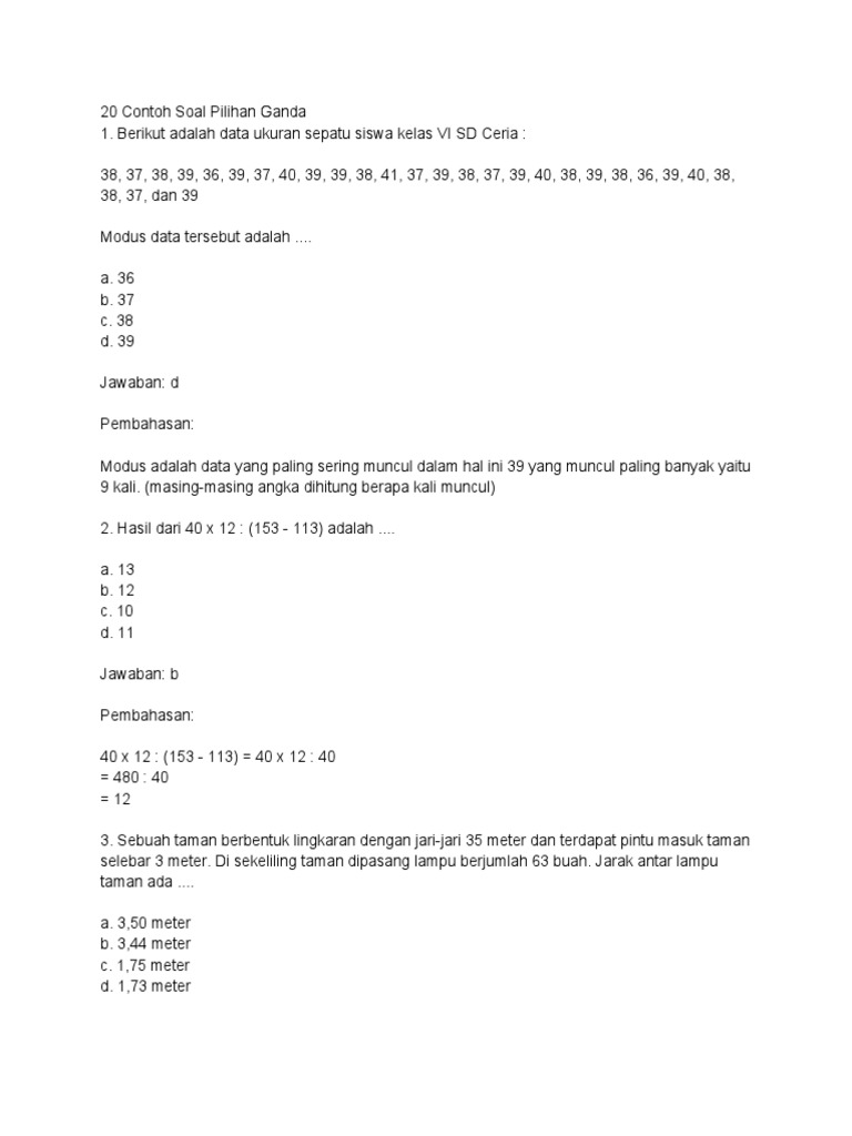 20 Soal Pilihan Ganda Matematika SD | PDF | Griya & Taman