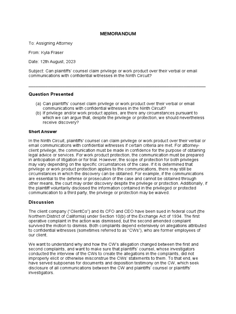 MEMORANDUM PDF Discovery (Law) AttorneyClient Privilege