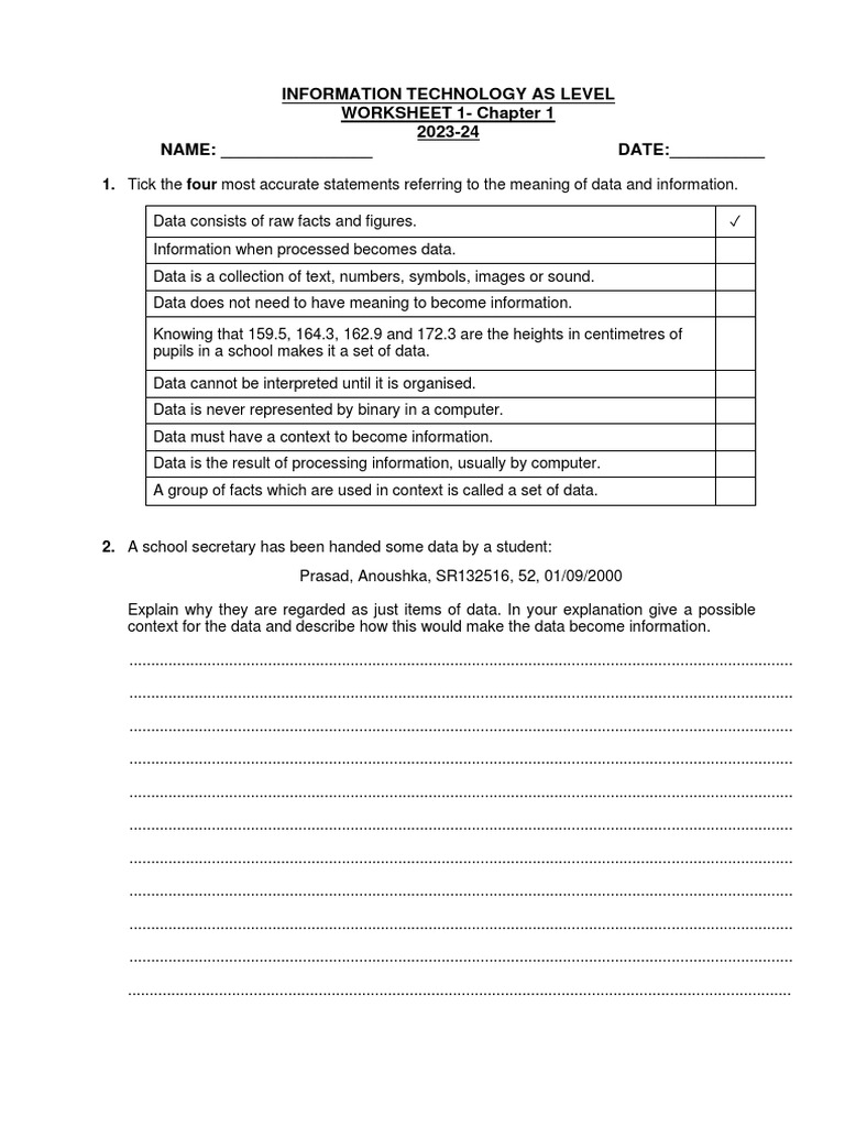 IT AS Level Data Worksheet | PDF | Data | Information