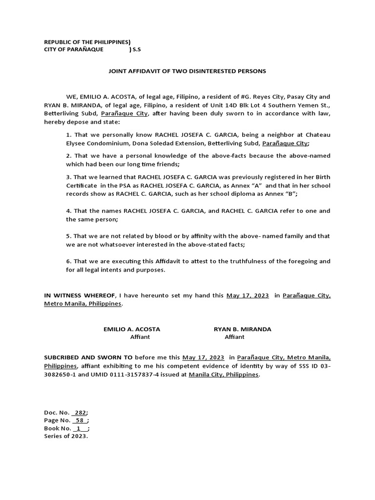 Joint Affidavit of Two Disinterested Persons | PDF