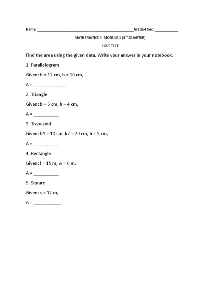Grade 4 Mathematics Area Post Test | PDF
