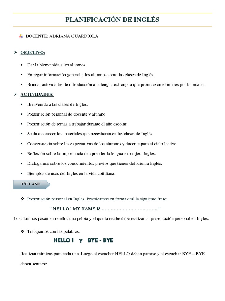 Plan de Clases de Inglés para Primaria | PDF | Idioma en Inglés ...
