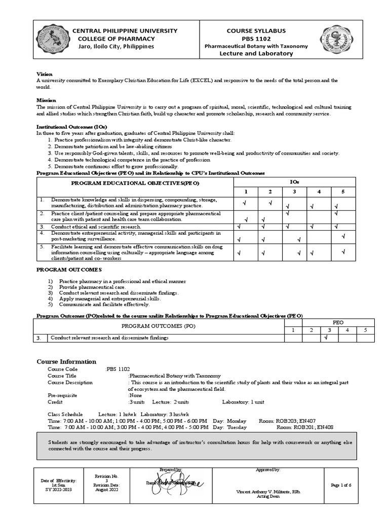 Botany Course Syllabus 20232024 PDF