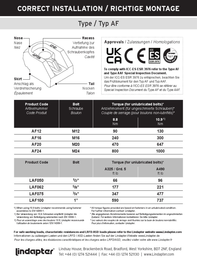 Torque Specifications for Lindapter Bolts | PDF