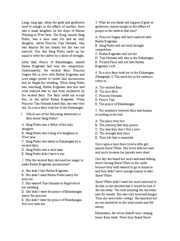 Narrative Text Exercises for Grade 9 | PDF | Snow White | Fairies