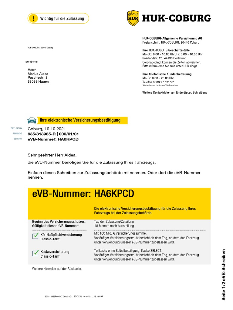 Huk Coburg Evb Nummer