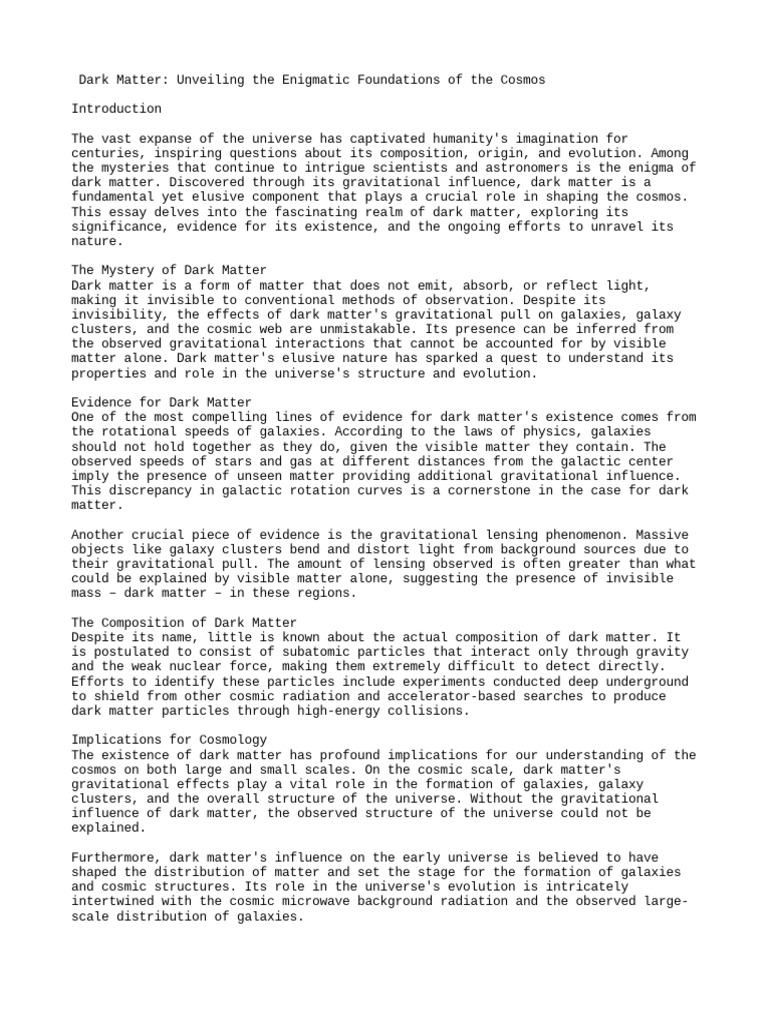 Dark Matter Unveiling the Enigmatic Foundations of the Cosmos | PDF