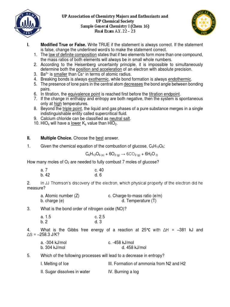 Chem 16 Finals Samplex | PDF | Chemistry | Acid