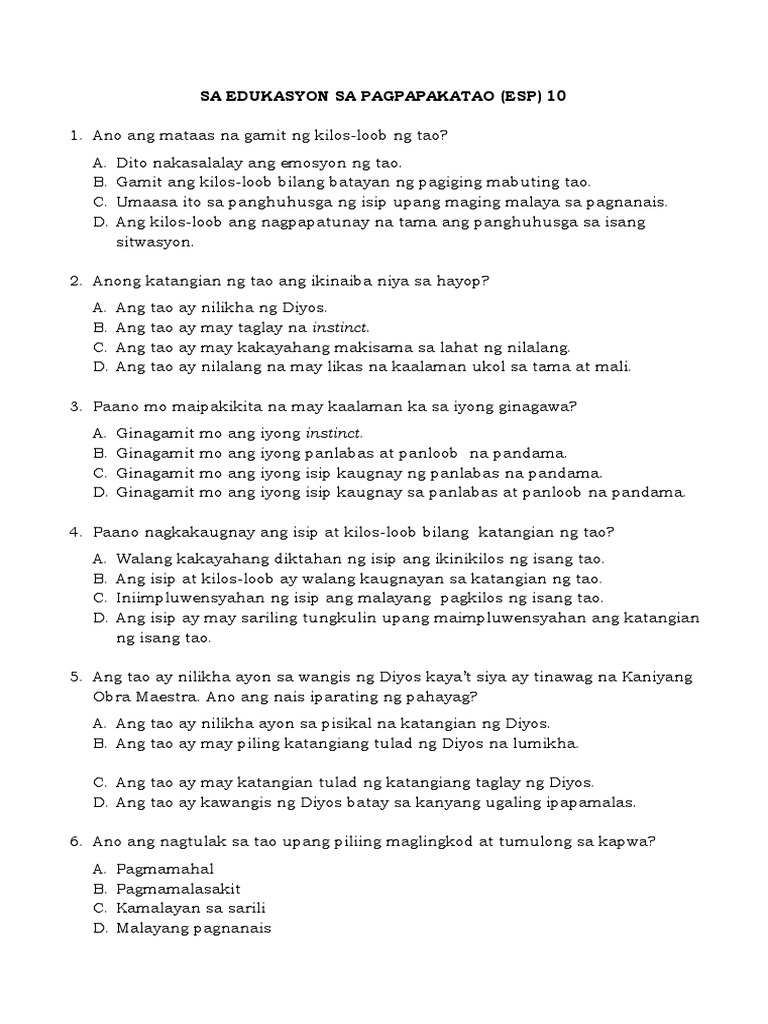 Reviewer EsP 10 Q1 2 Assessment Tool | PDF