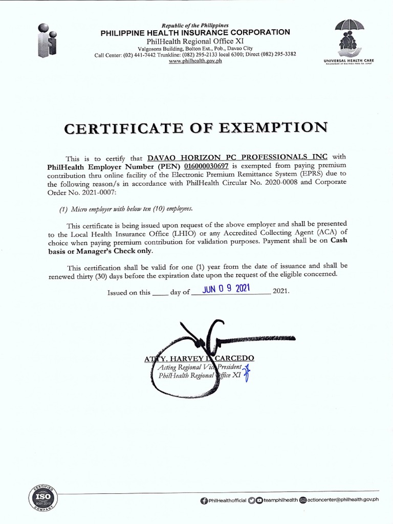 Certificate of Exemption Philhealth | PDF