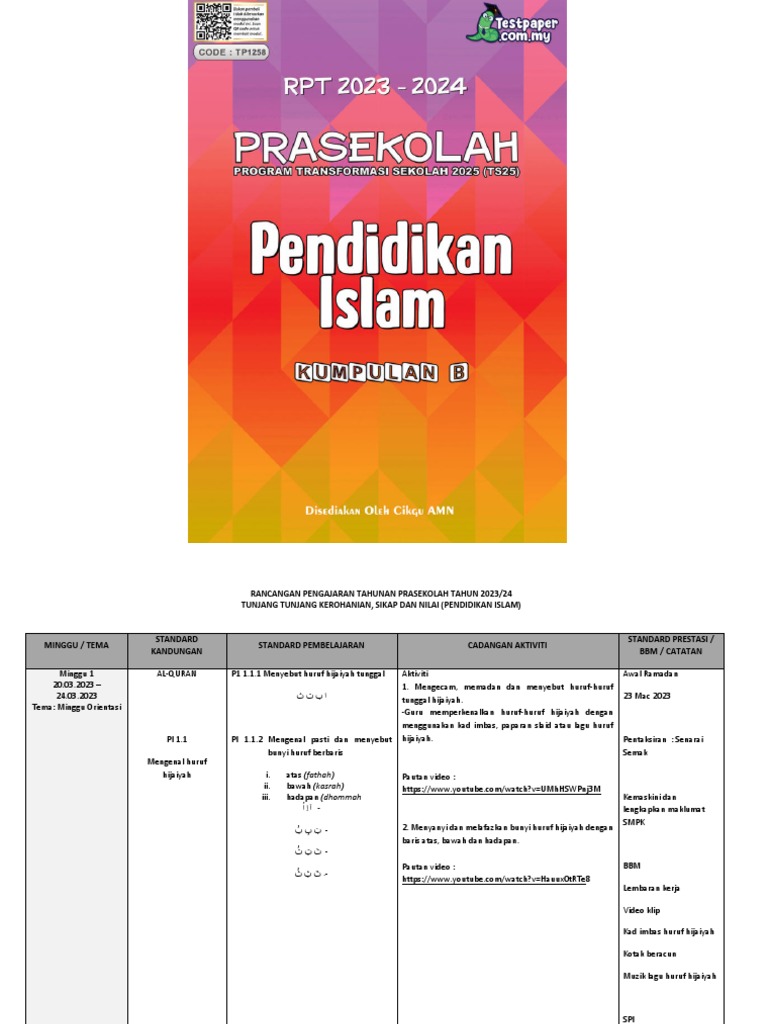 RPT Prasekolah 2023 - Pendidikan Islam Kumpulan B 01 | PDF