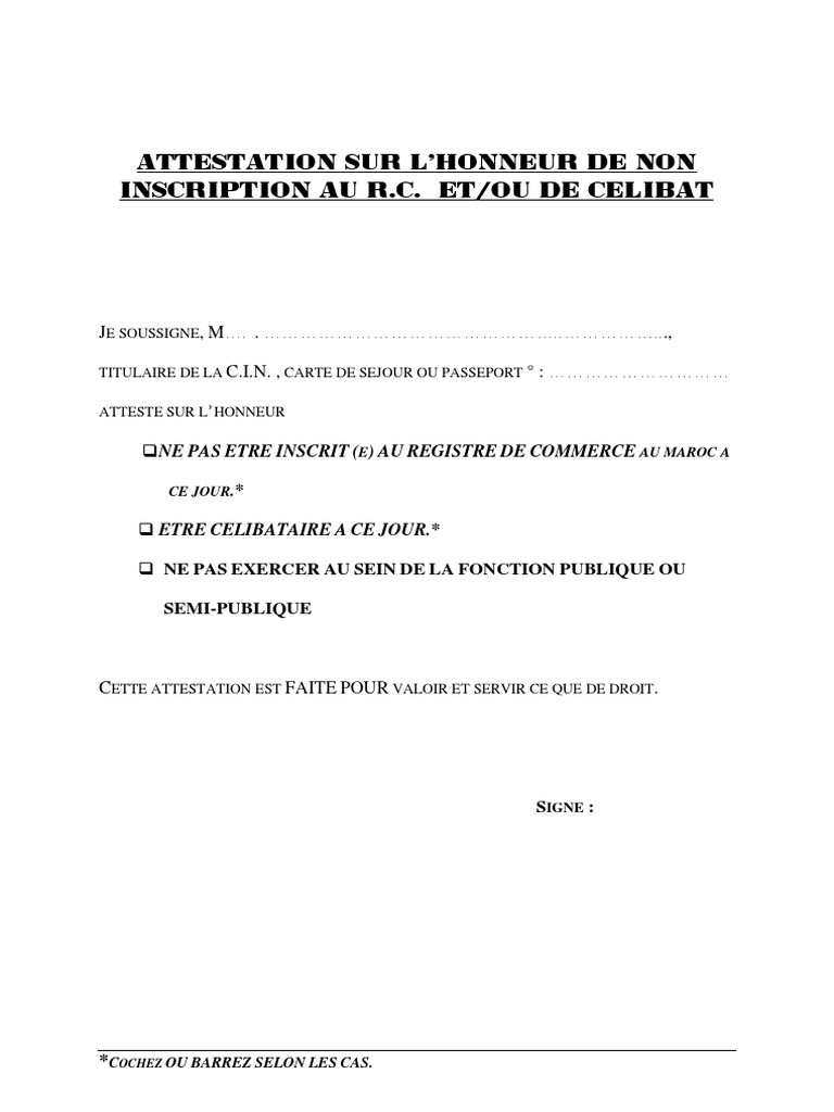 Model3 Attestation de Non Inscription Au Registre de Commerce PDF