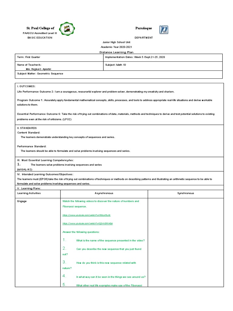 Math 10 Geometric Sequence Plan | PDF | Learning | Mathematics