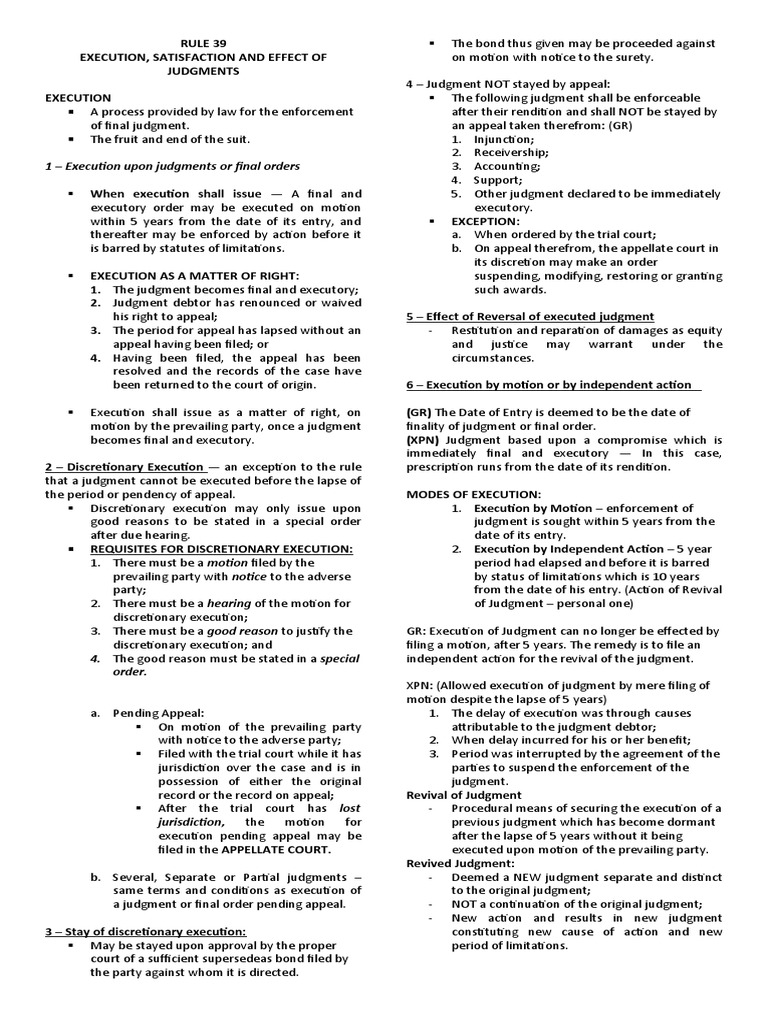 Rule 39 Execution Satisfaction And Effect Pdf