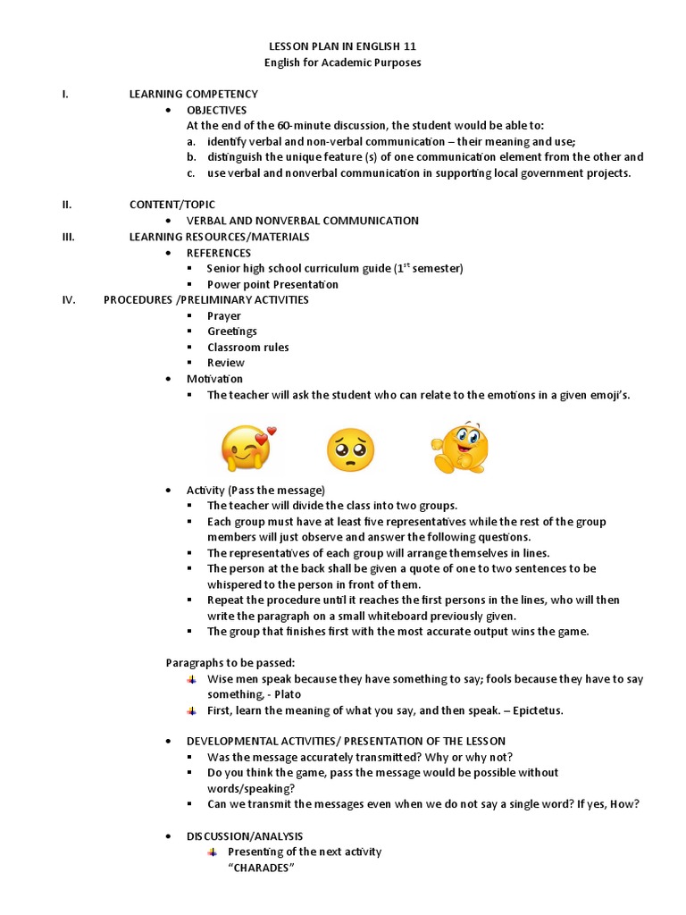 Verbal and Nonverbal Communication Lesson Plan | PDF | Communication ...